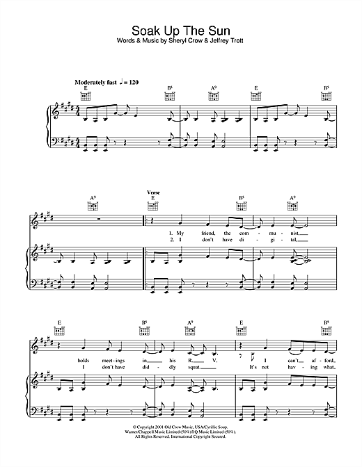Preview Sheryl Crow Soak Up The Sun Rock sheet music, notes and chords for Piano, Vocal & Guitar (Right-Hand Melody), SKU: 33264 sheet music, piano notes, chords, guitar tabs, score, transpose, transcribe, how to play, guide, download, learn, tutorial, progression, song, artist, awards, billboard, mtv, vh1, tour, single, album, release