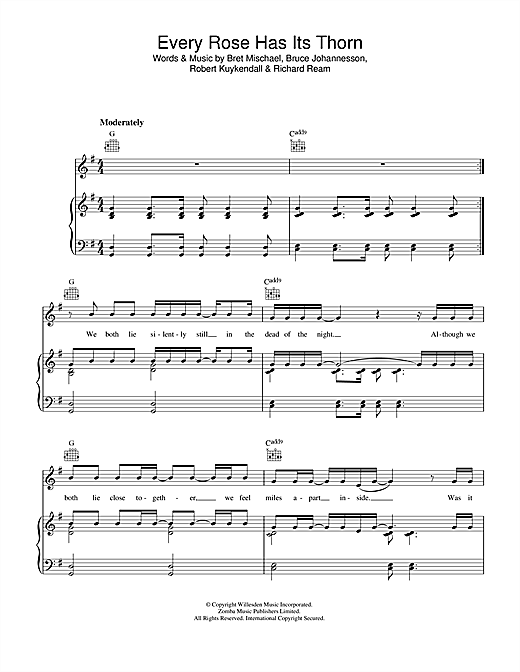 Preview Poison Every Rose Has Its Thorn Rock sheet music, notes and chords for Piano, Vocal & Guitar (Right-Hand Melody), SKU: 33265 sheet music, piano notes, chords, guitar tabs, score, transpose, transcribe, how to play, guide, download, learn, tutorial, progression, song, artist, awards, billboard, mtv, vh1, tour, single, album, release