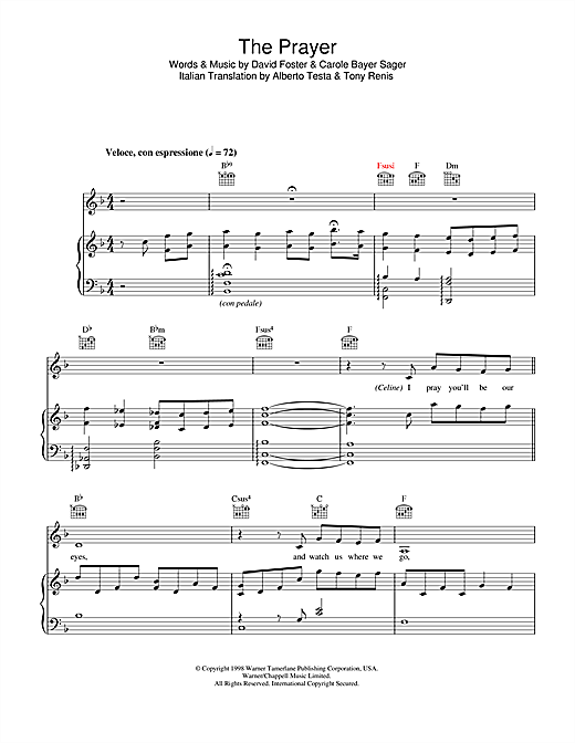 Preview Andrea Bocelli & Celine Dion The Prayer Classical sheet music, notes and chords for Piano, Vocal & Guitar, SKU: 33266 sheet music, piano notes, chords, guitar tabs, score, transpose, transcribe, how to play, guide, download, learn, tutorial, progression, song, artist, awards, billboard, mtv, vh1, tour, single, album, release
