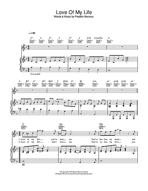 Queen "Love Of My Life" Sheet Music Notes, Chords ...