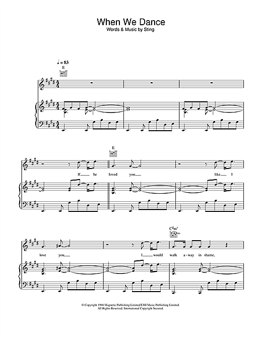 Preview Sting When We Dance Rock sheet music, notes and chords for Piano, Vocal & Guitar, SKU: 33268 sheet music, piano notes, chords, guitar tabs, score, transpose, transcribe, how to play, guide, download, learn, tutorial, progression, song, artist, awards, billboard, mtv, vh1, tour, single, album, release