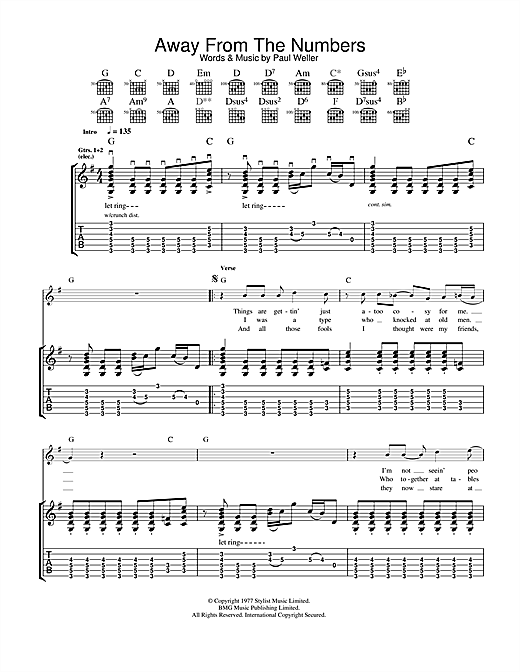 Preview The Jam Away From The Numbers Punk sheet music, notes and chords for Guitar Tab, SKU: 33269 sheet music, piano notes, chords, guitar tabs, score, transpose, transcribe, how to play, guide, download, learn, tutorial, progression, song, artist, awards, billboard, mtv, vh1, tour, single, album, release