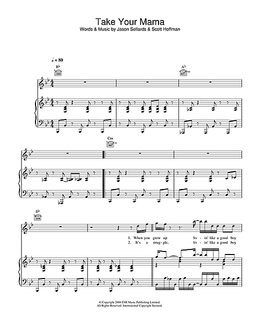 Preview Scissor Sisters Take Your Mama Rock sheet music, notes and chords for Piano, Vocal & Guitar (Right-Hand Melody), SKU: 33273 sheet music, piano notes, chords, guitar tabs, score, transpose, transcribe, how to play, guide, download, learn, tutorial, progression, song, artist, awards, billboard, mtv, vh1, tour, single, album, release
