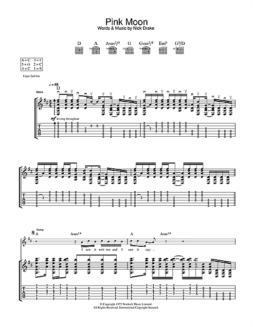 Preview Nick Drake Pink Moon Rock sheet music, notes and chords for Guitar Tab, SKU: 33274 sheet music, piano notes, chords, guitar tabs, score, transpose, transcribe, how to play, guide, download, learn, tutorial, progression, song, artist, awards, billboard, mtv, vh1, tour, single, album, release