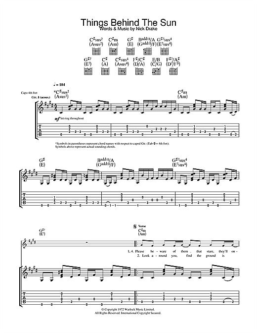 Preview Nick Drake Things Behind The Sun Rock sheet music, notes and chords for Guitar Tab, SKU: 33276 sheet music, piano notes, chords, guitar tabs, score, transpose, transcribe, how to play, guide, download, learn, tutorial, progression, song, artist, awards, billboard, mtv, vh1, tour, single, album, release