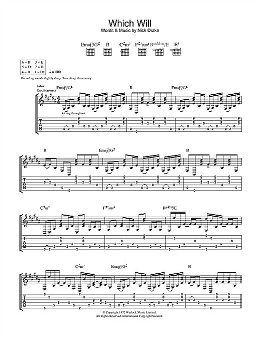 Preview Nick Drake Which Will Pop sheet music, notes and chords for Guitar Tab, SKU: 33277 sheet music, piano notes, chords, guitar tabs, score, transpose, transcribe, how to play, guide, download, learn, tutorial, progression, song, artist, awards, billboard, mtv, vh1, tour, single, album, release