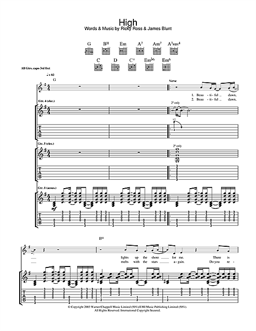 Preview James Blunt High Pop sheet music, notes and chords for Guitar Tab, SKU: 33278 sheet music, piano notes, chords, guitar tabs, score, transpose, transcribe, how to play, guide, download, learn, tutorial, progression, song, artist, awards, billboard, mtv, vh1, tour, single, album, release