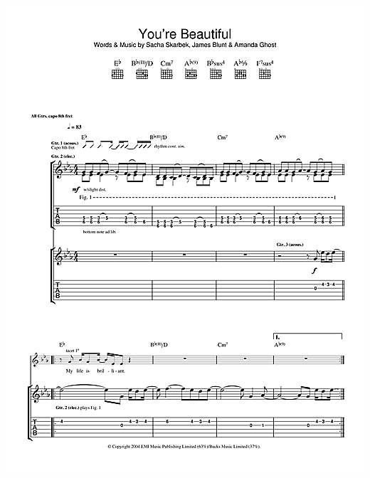 Preview James Blunt You're Beautiful Pop sheet music, notes and chords for Guitar Tab, SKU: 33279 sheet music, piano notes, chords, guitar tabs, score, transpose, transcribe, how to play, guide, download, learn, tutorial, progression, song, artist, awards, billboard, mtv, vh1, tour, single, album, release