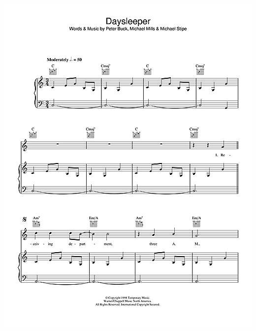Preview R.E.M. Daysleeper Rock sheet music, notes and chords for Piano, Vocal & Guitar, SKU: 33281 sheet music, piano notes, chords, guitar tabs, score, transpose, transcribe, how to play, guide, download, learn, tutorial, progression, song, artist, awards, billboard, mtv, vh1, tour, single, album, release