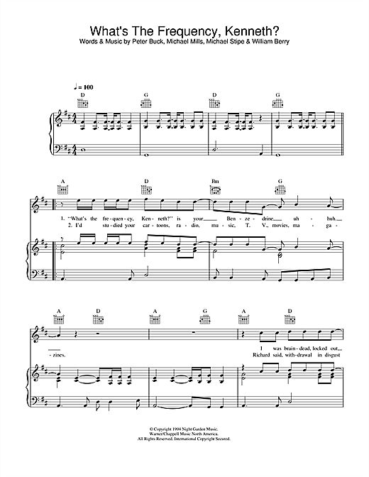 Preview R.E.M. What's The Frequency Kenneth? Rock sheet music, notes and chords for Piano, Vocal & Guitar (Right-Hand Melody), SKU: 33282 sheet music, piano notes, chords, guitar tabs, score, transpose, transcribe, how to play, guide, download, learn, tutorial, progression, song, artist, awards, billboard, mtv, vh1, tour, single, album, release