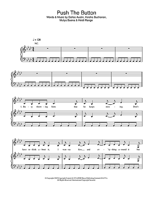 Preview Sugababes Push The Button Pop sheet music, notes and chords for Piano, Vocal & Guitar (Right-Hand Melody), SKU: 33283 sheet music, piano notes, chords, guitar tabs, score, transpose, transcribe, how to play, guide, download, learn, tutorial, progression, song, artist, awards, billboard, mtv, vh1, tour, single, album, release