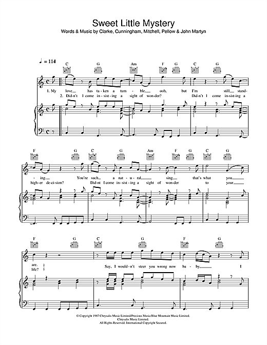 Preview Wet Wet Wet Sweet Little Mystery Pop sheet music, notes and chords for Piano, Vocal & Guitar (Right-Hand Melody), SKU: 33285 sheet music, piano notes, chords, guitar tabs, score, transpose, transcribe, how to play, guide, download, learn, tutorial, progression, song, artist, awards, billboard, mtv, vh1, tour, single, album, release