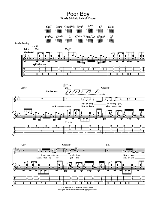 Preview Nick Drake Poor Boy Rock sheet music, notes and chords for Guitar Tab, SKU: 33287 sheet music, piano notes, chords, guitar tabs, score, transpose, transcribe, how to play, guide, download, learn, tutorial, progression, song, artist, awards, billboard, mtv, vh1, tour, single, album, release