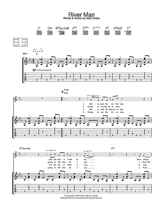 Preview Nick Drake River Man Rock sheet music, notes and chords for Guitar Tab, SKU: 33288 sheet music, piano notes, chords, guitar tabs, score, transpose, transcribe, how to play, guide, download, learn, tutorial, progression, song, artist, awards, billboard, mtv, vh1, tour, single, album, release