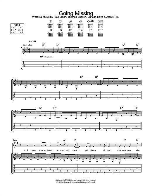 Preview Maximo Park Going Missing Rock sheet music, notes and chords for Guitar Tab, SKU: 33296 sheet music, piano notes, chords, guitar tabs, score, transpose, transcribe, how to play, guide, download, learn, tutorial, progression, song, artist, awards, billboard, mtv, vh1, tour, single, album, release