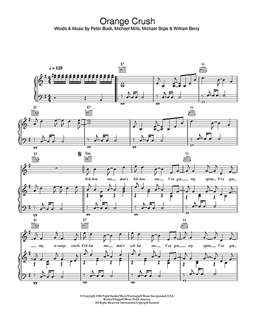 Preview R.E.M. Orange Crush Rock sheet music, notes and chords for Piano, Vocal & Guitar (Right-Hand Melody), SKU: 33323 sheet music, piano notes, chords, guitar tabs, score, transpose, transcribe, how to play, guide, download, learn, tutorial, progression, song, artist, awards, billboard, mtv, vh1, tour, single, album, release