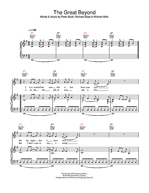 Preview R.E.M. The Great Beyond Rock sheet music, notes and chords for Piano, Vocal & Guitar (Right-Hand Melody), SKU: 33324 sheet music, piano notes, chords, guitar tabs, score, transpose, transcribe, how to play, guide, download, learn, tutorial, progression, song, artist, awards, billboard, mtv, vh1, tour, single, album, release