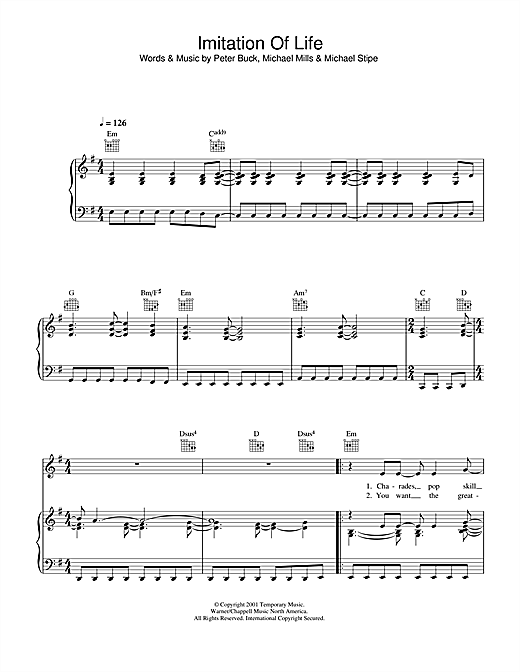 Preview R.E.M. Imitation Of Life Rock sheet music, notes and chords for Piano, Vocal & Guitar (Right-Hand Melody), SKU: 33326 sheet music, piano notes, chords, guitar tabs, score, transpose, transcribe, how to play, guide, download, learn, tutorial, progression, song, artist, awards, billboard, mtv, vh1, tour, single, album, release