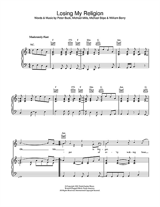 Preview R.E.M. Losing My Religion Rock sheet music, notes and chords for Piano, Vocal & Guitar (Right-Hand Melody), SKU: 33327 sheet music, piano notes, chords, guitar tabs, score, transpose, transcribe, how to play, guide, download, learn, tutorial, progression, song, artist, awards, billboard, mtv, vh1, tour, single, album, release