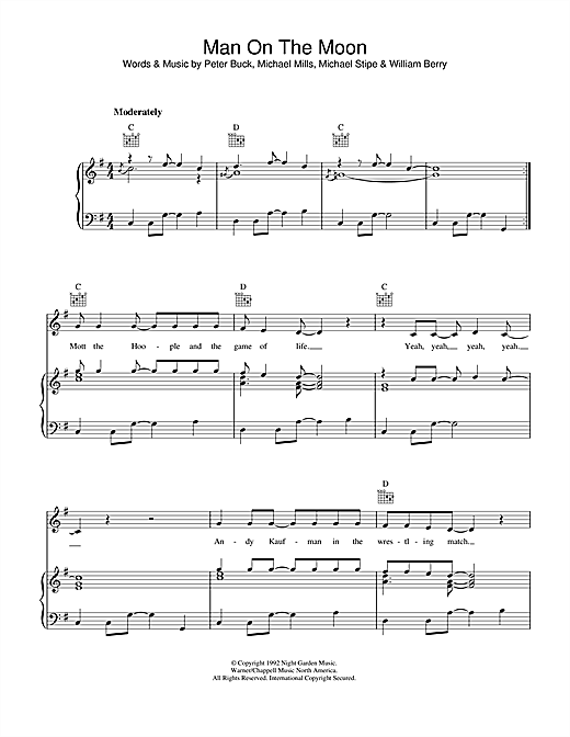 Preview R.E.M. Man On The Moon Rock sheet music, notes and chords for Piano, Vocal & Guitar (Right-Hand Melody), SKU: 33328 sheet music, piano notes, chords, guitar tabs, score, transpose, transcribe, how to play, guide, download, learn, tutorial, progression, song, artist, awards, billboard, mtv, vh1, tour, single, album, release