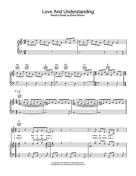 Preview Cher Love And Understanding Pop sheet music, notes and chords for Piano, Vocal & Guitar (Right-Hand Melody), SKU: 33332 sheet music, piano notes, chords, guitar tabs, score, transpose, transcribe, how to play, guide, download, learn, tutorial, progression, song, artist, awards, billboard, mtv, vh1, tour, single, album, release