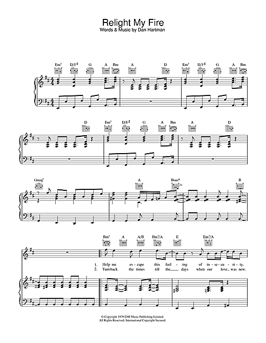 Preview Take That Relight My Fire Pop sheet music, notes and chords for Piano, Vocal & Guitar, SKU: 33333 sheet music, piano notes, chords, guitar tabs, score, transpose, transcribe, how to play, guide, download, learn, tutorial, progression, song, artist, awards, billboard, mtv, vh1, tour, single, album, release