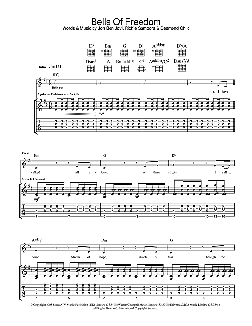 Preview Bon Jovi Bells Of Freedom Rock sheet music, notes and chords for Guitar Tab, SKU: 33335 sheet music, piano notes, chords, guitar tabs, score, transpose, transcribe, how to play, guide, download, learn, tutorial, progression, song, artist, awards, billboard, mtv, vh1, tour, single, album, release