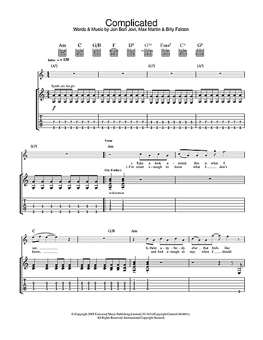 Preview Bon Jovi Complicated Rock sheet music, notes and chords for Guitar Tab, SKU: 33336 sheet music, piano notes, chords, guitar tabs, score, transpose, transcribe, how to play, guide, download, learn, tutorial, progression, song, artist, awards, billboard, mtv, vh1, tour, single, album, release