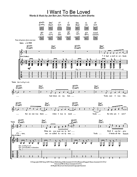 Preview Bon Jovi I Want To Be Loved Rock sheet music, notes and chords for Guitar Tab, SKU: 33344 sheet music, piano notes, chords, guitar tabs, score, transpose, transcribe, how to play, guide, download, learn, tutorial, progression, song, artist, awards, billboard, mtv, vh1, tour, single, album, release