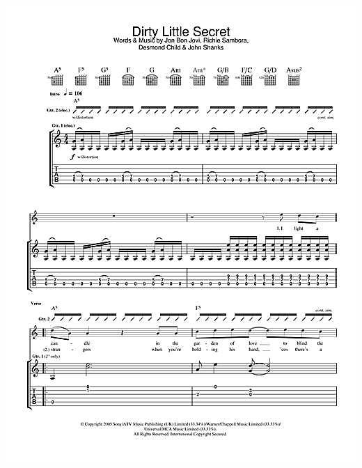 Preview Bon Jovi Dirty Little Secret Rock sheet music, notes and chords for Guitar Tab, SKU: 33346 sheet music, piano notes, chords, guitar tabs, score, transpose, transcribe, how to play, guide, download, learn, tutorial, progression, song, artist, awards, billboard, mtv, vh1, tour, single, album, release