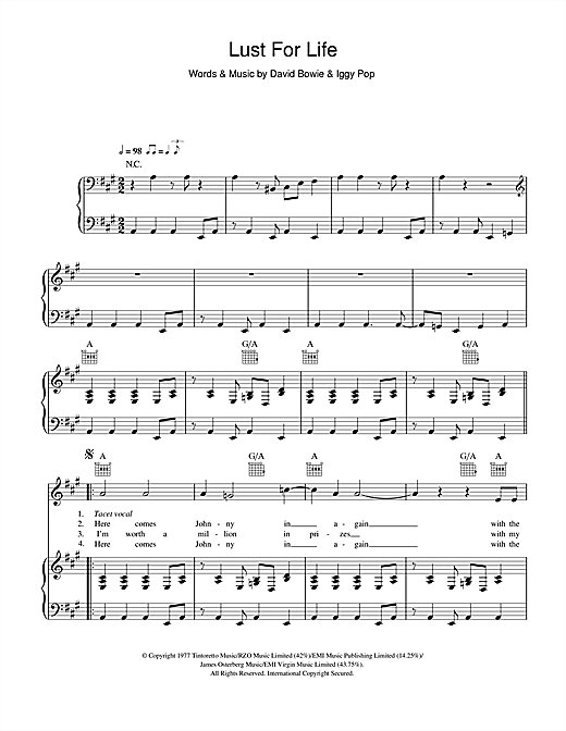 Preview Iggy Pop Lust For Life Rock sheet music, notes and chords for Piano, Vocal & Guitar, SKU: 33347 sheet music, piano notes, chords, guitar tabs, score, transpose, transcribe, how to play, guide, download, learn, tutorial, progression, song, artist, awards, billboard, mtv, vh1, tour, single, album, release