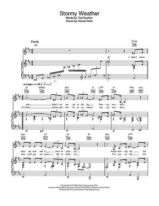 Preview Lena Horne Stormy Weather (Keeps Rainin' All The Time) Musicals sheet music, notes and chords for Piano, Vocal & Guitar (Right-Hand Melody), SKU: 33348 sheet music, piano notes, chords, guitar tabs, score, transpose, transcribe, how to play, guide, download, learn, tutorial, progression, song, artist, awards, billboard, mtv, vh1, tour, single, album, release