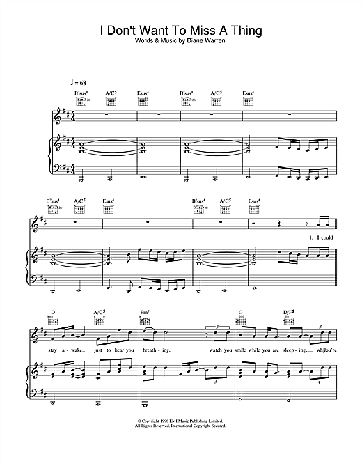 Preview Aerosmith I Don't Want To Miss A Thing Rock sheet music, notes and chords for Piano, Vocal & Guitar (Right-Hand Melody), SKU: 33349 sheet music, piano notes, chords, guitar tabs, score, transpose, transcribe, how to play, guide, download, learn, tutorial, progression, song, artist, awards, billboard, mtv, vh1, tour, single, album, release