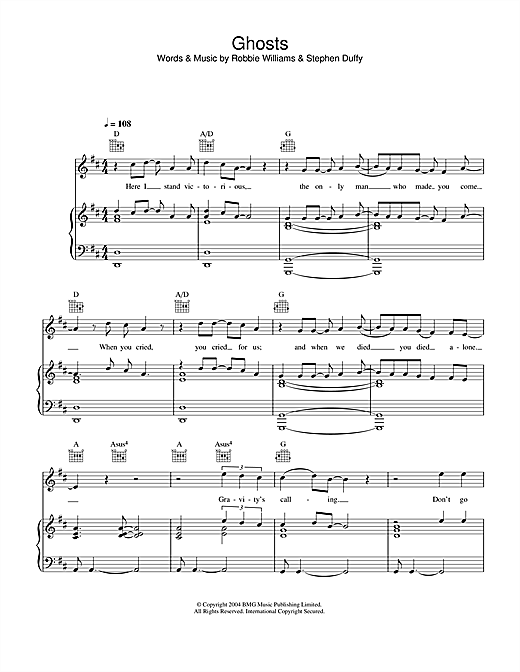 Preview Robbie Williams Ghosts Pop sheet music, notes and chords for Piano, Vocal & Guitar (Right-Hand Melody), SKU: 33350 sheet music, piano notes, chords, guitar tabs, score, transpose, transcribe, how to play, guide, download, learn, tutorial, progression, song, artist, awards, billboard, mtv, vh1, tour, single, album, release
