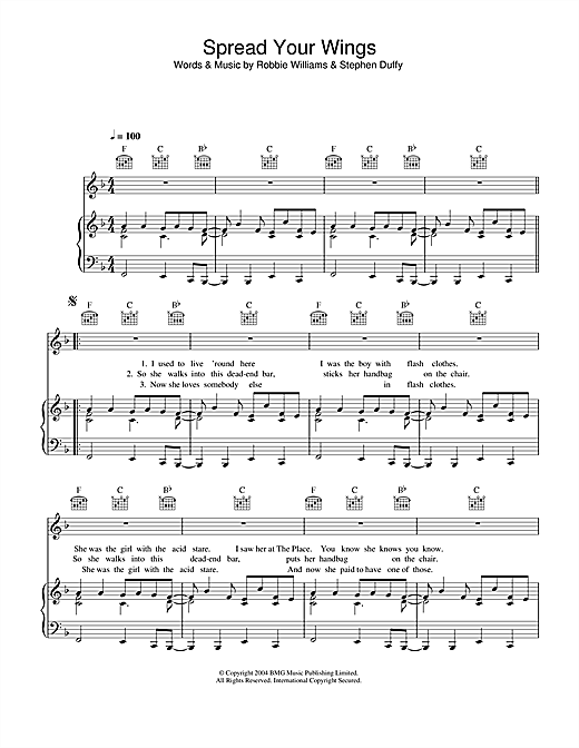 Preview Robbie Williams Spread Your Wings Pop sheet music, notes and chords for Piano, Vocal & Guitar (Right-Hand Melody), SKU: 33352 sheet music, piano notes, chords, guitar tabs, score, transpose, transcribe, how to play, guide, download, learn, tutorial, progression, song, artist, awards, billboard, mtv, vh1, tour, single, album, release