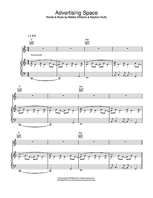 Preview Robbie Williams Advertising Space Pop sheet music, notes and chords for Piano, Vocal & Guitar (Right-Hand Melody), SKU: 33353 sheet music, piano notes, chords, guitar tabs, score, transpose, transcribe, how to play, guide, download, learn, tutorial, progression, song, artist, awards, billboard, mtv, vh1, tour, single, album, release