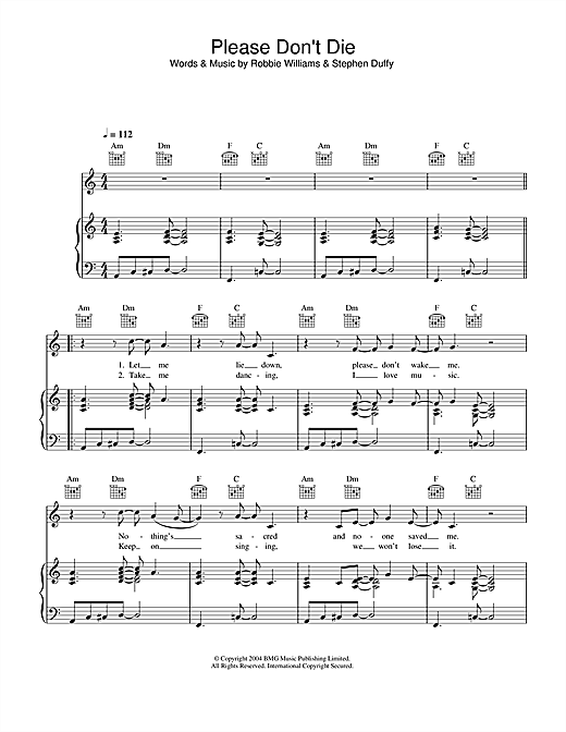 Preview Robbie Williams Please Don't Die Pop sheet music, notes and chords for Piano, Vocal & Guitar (Right-Hand Melody), SKU: 33354 sheet music, piano notes, chords, guitar tabs, score, transpose, transcribe, how to play, guide, download, learn, tutorial, progression, song, artist, awards, billboard, mtv, vh1, tour, single, album, release