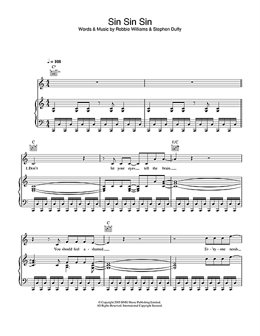 Preview Robbie Williams Sin Sin Sin Pop sheet music, notes and chords for Piano, Vocal & Guitar (Right-Hand Melody), SKU: 33356 sheet music, piano notes, chords, guitar tabs, score, transpose, transcribe, how to play, guide, download, learn, tutorial, progression, song, artist, awards, billboard, mtv, vh1, tour, single, album, release