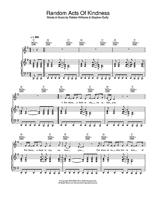 Preview Robbie Williams Random Acts Of Kindness Pop sheet music, notes and chords for Piano, Vocal & Guitar, SKU: 33357 sheet music, piano notes, chords, guitar tabs, score, transpose, transcribe, how to play, guide, download, learn, tutorial, progression, song, artist, awards, billboard, mtv, vh1, tour, single, album, release