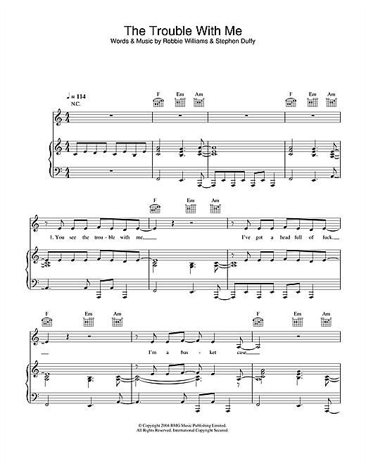 Preview Robbie Williams The Trouble With Me Pop sheet music, notes and chords for Piano, Vocal & Guitar (Right-Hand Melody), SKU: 33358 sheet music, piano notes, chords, guitar tabs, score, transpose, transcribe, how to play, guide, download, learn, tutorial, progression, song, artist, awards, billboard, mtv, vh1, tour, single, album, release