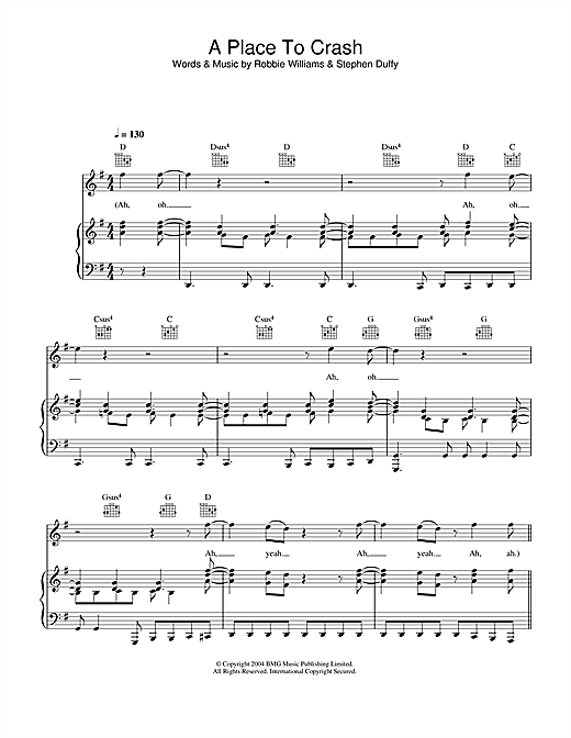 Preview Robbie Williams A Place To Crash Pop sheet music, notes and chords for Piano, Vocal & Guitar (Right-Hand Melody), SKU: 33359 sheet music, piano notes, chords, guitar tabs, score, transpose, transcribe, how to play, guide, download, learn, tutorial, progression, song, artist, awards, billboard, mtv, vh1, tour, single, album, release