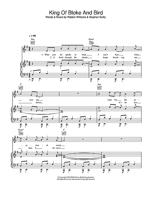 Preview Robbie Williams King Of Bloke And Bird Pop sheet music, notes and chords for Piano, Vocal & Guitar (Right-Hand Melody), SKU: 33360 sheet music, piano notes, chords, guitar tabs, score, transpose, transcribe, how to play, guide, download, learn, tutorial, progression, song, artist, awards, billboard, mtv, vh1, tour, single, album, release