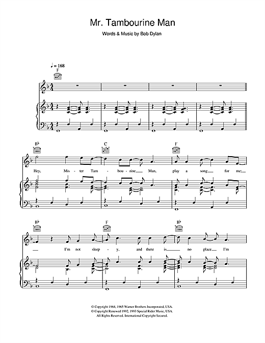 Preview Bob Dylan Mr. Tambourine Man Rock sheet music, notes and chords for Piano, Vocal & Guitar (Right-Hand Melody), SKU: 33362 sheet music, piano notes, chords, guitar tabs, score, transpose, transcribe, how to play, guide, download, learn, tutorial, progression, song, artist, awards, billboard, mtv, vh1, tour, single, album, release