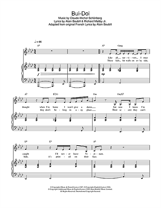 Preview Boublil and Schonberg Bui-Doi (from Miss Saigon) Musicals sheet music, notes and chords for Piano, Vocal & Guitar, SKU: 33364 sheet music, piano notes, chords, guitar tabs, score, transpose, transcribe, how to play, guide, download, learn, tutorial, progression, song, artist, awards, billboard, mtv, vh1, tour, single, album, release