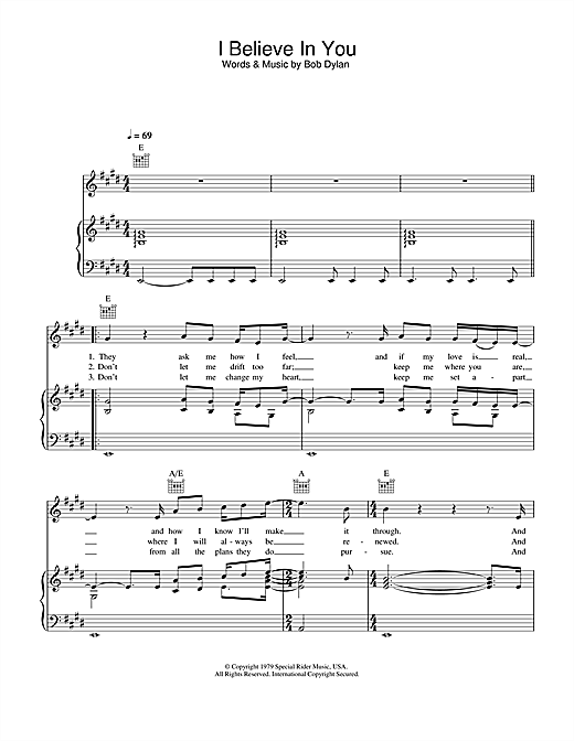 Preview Bob Dylan I Believe In You Rock sheet music, notes and chords for Piano, Vocal & Guitar (Right-Hand Melody), SKU: 33365 sheet music, piano notes, chords, guitar tabs, score, transpose, transcribe, how to play, guide, download, learn, tutorial, progression, song, artist, awards, billboard, mtv, vh1, tour, single, album, release