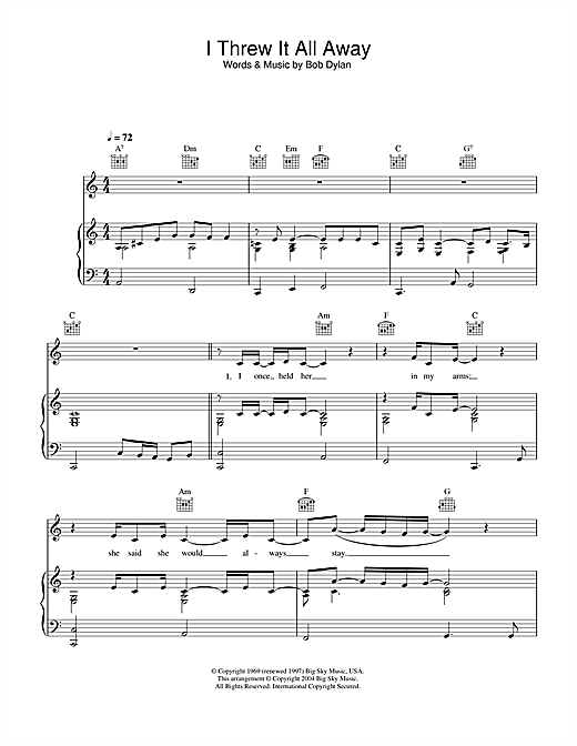 Preview Bob Dylan I Threw It All Away Rock sheet music, notes and chords for Piano, Vocal & Guitar (Right-Hand Melody), SKU: 33367 sheet music, piano notes, chords, guitar tabs, score, transpose, transcribe, how to play, guide, download, learn, tutorial, progression, song, artist, awards, billboard, mtv, vh1, tour, single, album, release