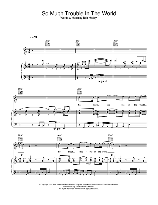 Preview Bob Marley So Much Trouble In The World Reggae sheet music, notes and chords for Piano, Vocal & Guitar (Right-Hand Melody), SKU: 33369 sheet music, piano notes, chords, guitar tabs, score, transpose, transcribe, how to play, guide, download, learn, tutorial, progression, song, artist, awards, billboard, mtv, vh1, tour, single, album, release