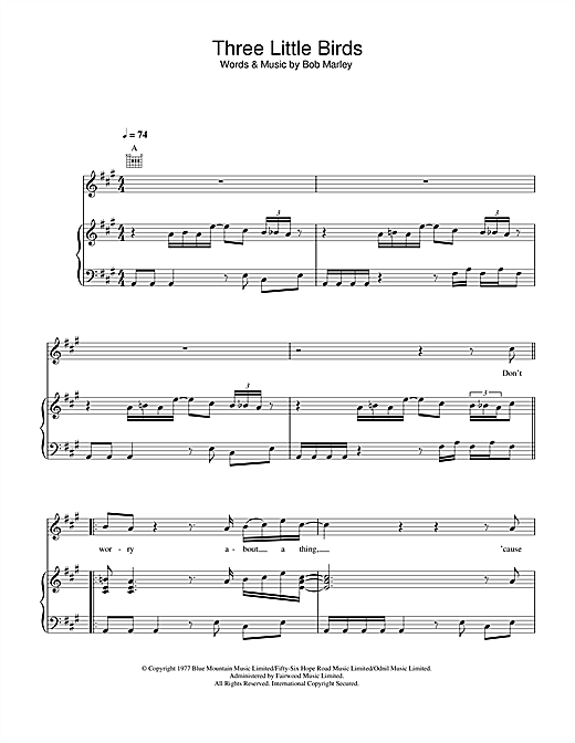Preview Bob Marley Three Little Birds Reggae sheet music, notes and chords for Piano, Vocal & Guitar (Right-Hand Melody), SKU: 33370 sheet music, piano notes, chords, guitar tabs, score, transpose, transcribe, how to play, guide, download, learn, tutorial, progression, song, artist, awards, billboard, mtv, vh1, tour, single, album, release