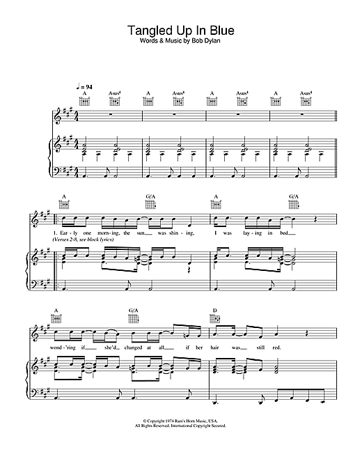 Preview Bob Dylan Tangled Up In Blue Rock sheet music, notes and chords for Piano, Vocal & Guitar (Right-Hand Melody), SKU: 33371 sheet music, piano notes, chords, guitar tabs, score, transpose, transcribe, how to play, guide, download, learn, tutorial, progression, song, artist, awards, billboard, mtv, vh1, tour, single, album, release