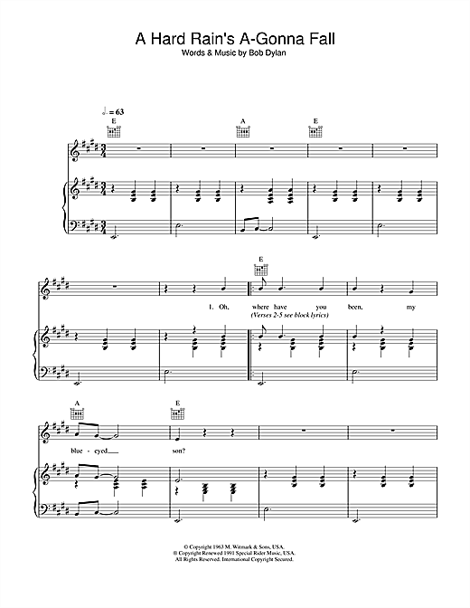 Preview Bob Dylan A Hard Rain's A-Gonna Fall Rock sheet music, notes and chords for Piano, Vocal & Guitar (Right-Hand Melody), SKU: 33372 sheet music, piano notes, chords, guitar tabs, score, transpose, transcribe, how to play, guide, download, learn, tutorial, progression, song, artist, awards, billboard, mtv, vh1, tour, single, album, release